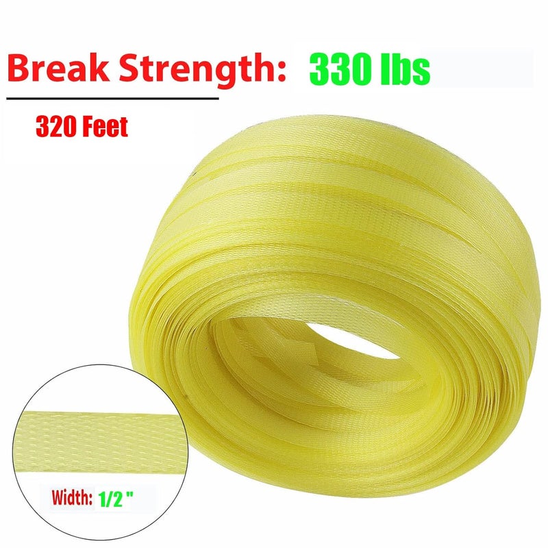 Palmarosa Poly Strap, Polypropylene Strapping, 320' Length, 1/2" Width, 330 lbs. Break Strength (Yellow), 100 pcs 5/8" Open Metal Clips for Packaging and Pallet Strapping Banding - Image 3